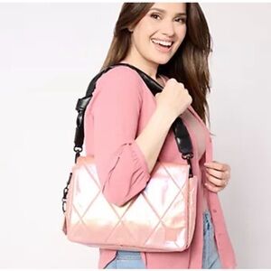 Elegant Pink Shoulder Bag with Black Straps